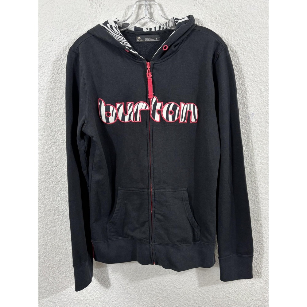 Burton Hoodie Womens Medium Black Zip Up Zebra‎ Logo Snowboard Sweatshirt